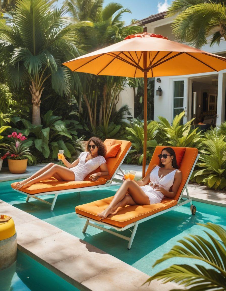 A stylish poolside scene featuring a diverse group of friends in chic and casual summer outfits, lounging on vibrant beach chairs with tropical drinks, large sun umbrellas casting shade, lush greenery in the background, and a sparkling pool reflecting the sun. super-realistic. vibrant colors. sunny atmosphere.