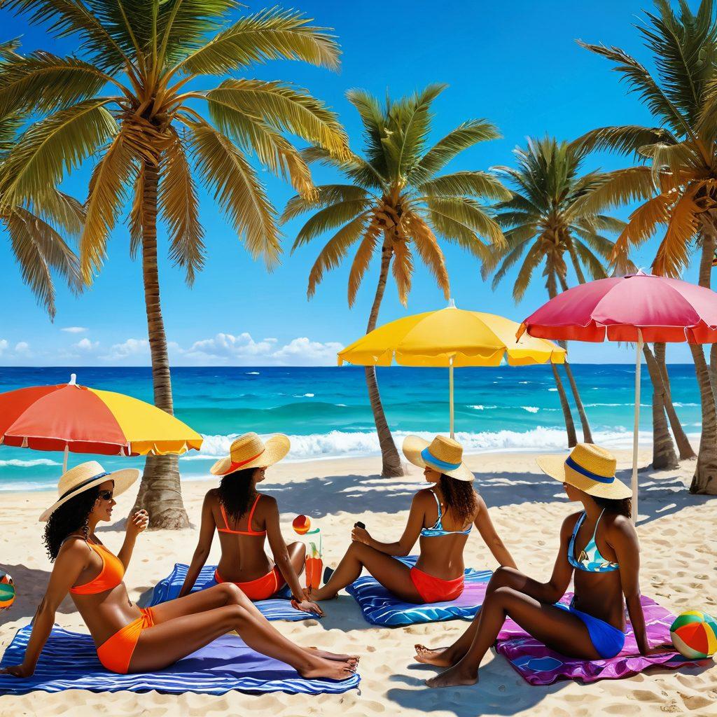 A sun-soaked beach scene featuring a diverse group of women in stylish, trendy swimwear, lounging under colorful umbrellas and playing beach volleyball. Include vibrant beach accessories like flip-flops and straw hats, with the ocean waves in the background and palm trees swaying gently. Capture a sense of fun and freedom in a bright, lively atmosphere. super-realistic. vibrant colors.